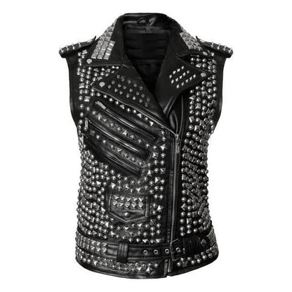 Men’s Brando Biker Leather Vest with Silver Studs | Shearling Leather Jackets