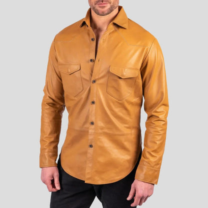 Men’s Tan Brown Lambskin Leather Button-Up Shirt – Classic Fit