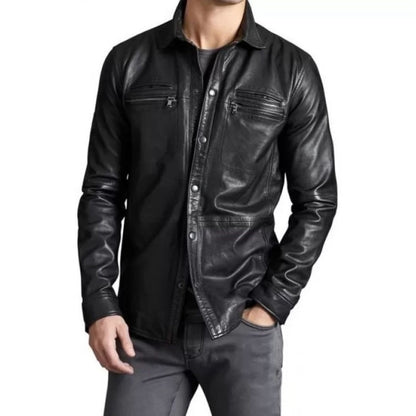 Men’s Real Sheepskin Black Leather Shirt – Trendsetting Urban Fit