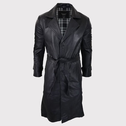 Men's 80s Vintage Black Leather Belted Punk Jacket - Long Sleeve Coat