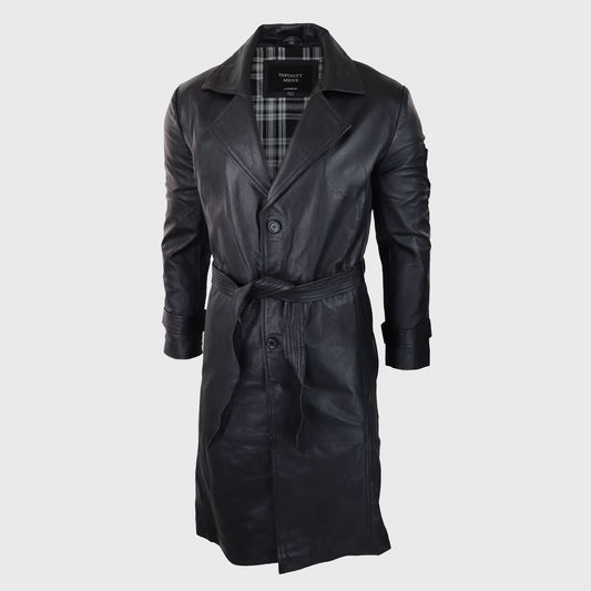 Men's 80s Vintage Black Leather Belted Punk Jacket - Long Sleeve Coat