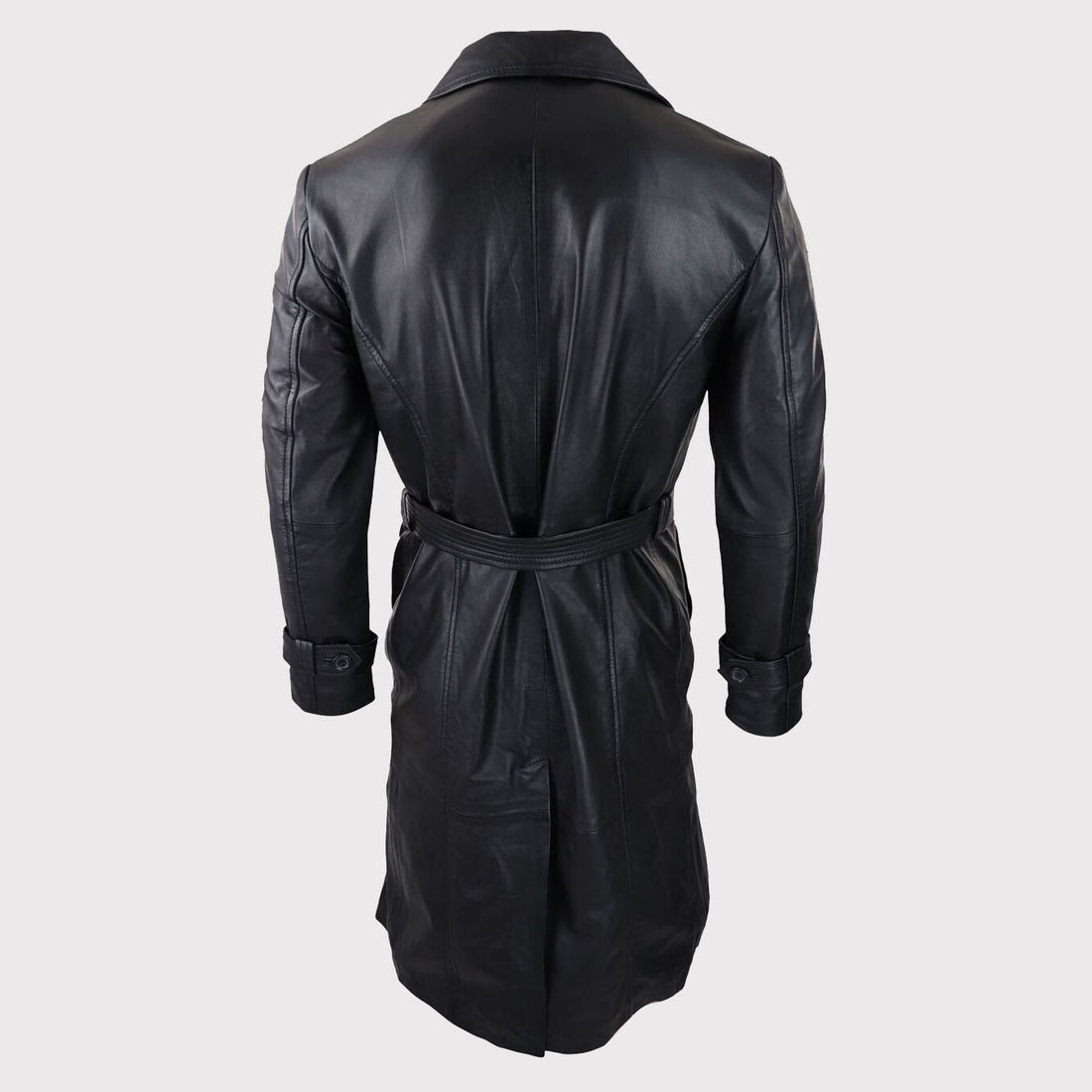 Men's 80s Vintage Black Leather Belted Punk Jacket - Long Sleeve Coat