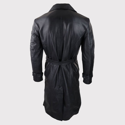 Men's 80s Vintage Black Leather Belted Punk Jacket - Long Sleeve Coat