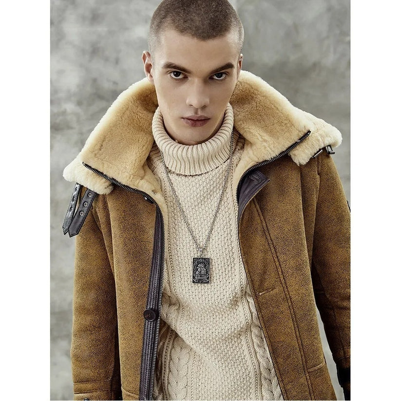 Men’s Vintage B7 Shearling Coat – Brown Long Fur Bomber Jacket