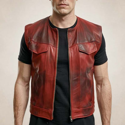 Men’s Vintage Red Biker Leather Vest