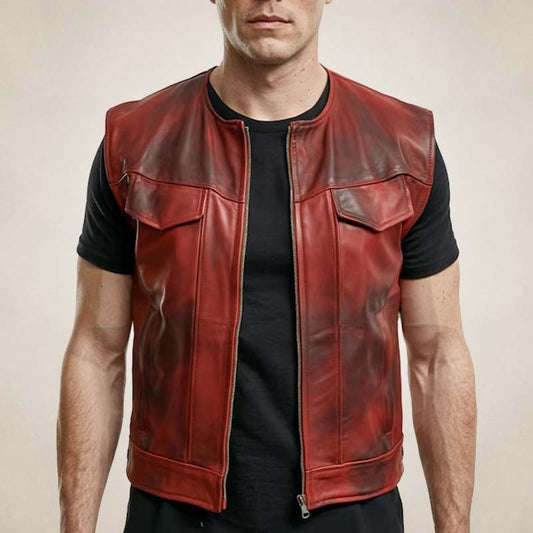 Men’s Vintage Red Biker Leather Vest