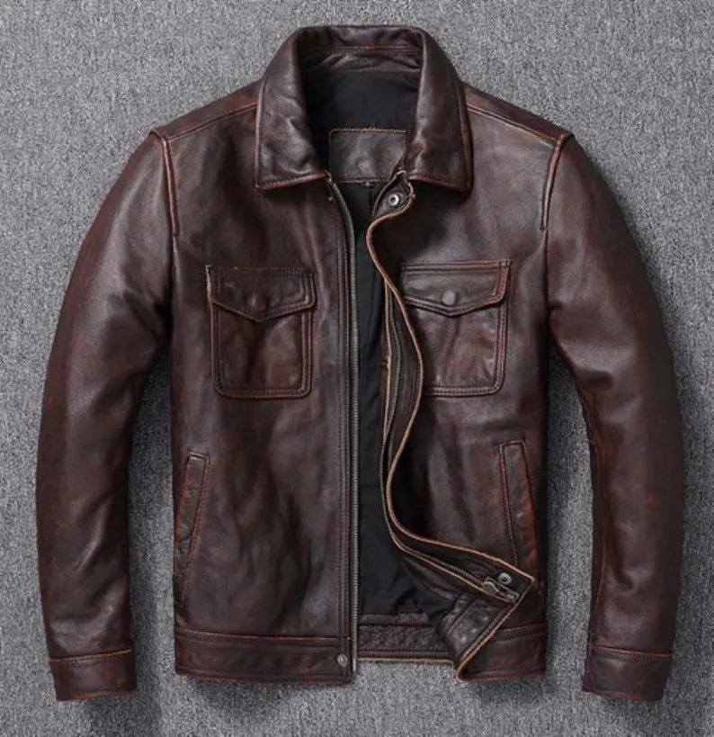 Men's Vintage Brown Distressed Leather Cafe Racer Jacket