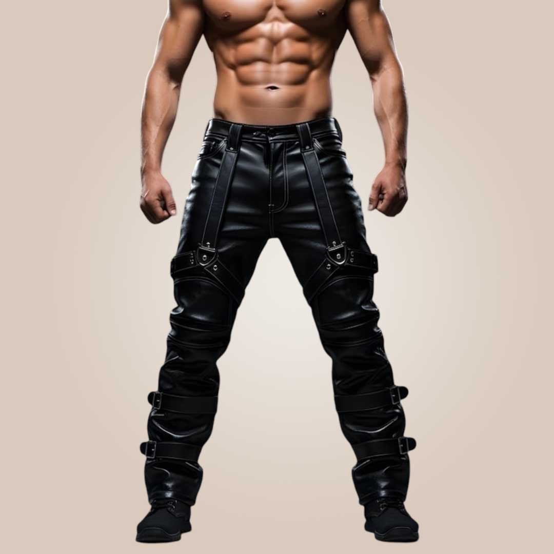 Men’s gothic cowhide leather biker pants front view