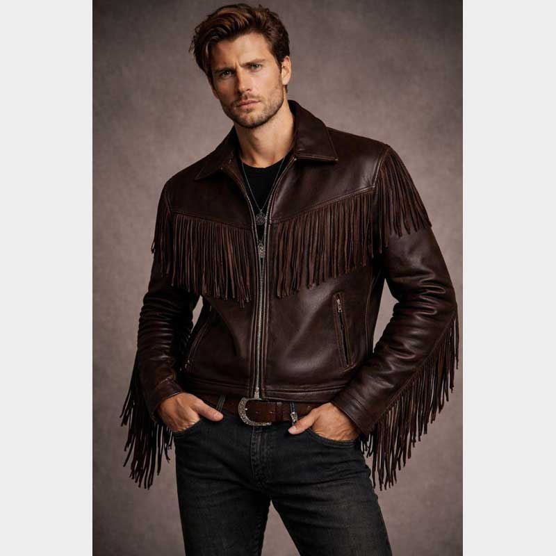 Men coffee brown cowhide fringe leather jacket front view with zipper closure
