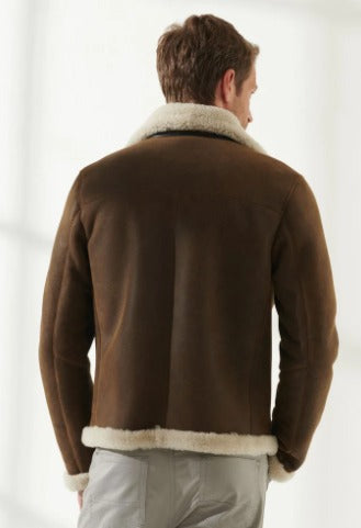 Dark brown men's sheepskin aviator jacket with faux shearling