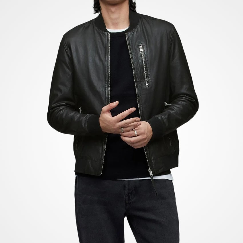 Men’s Classic Black Leather Bomber Jacket