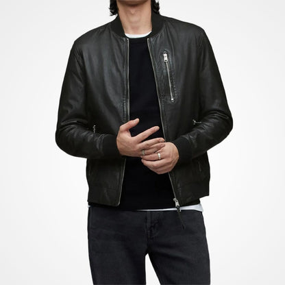 Men’s Classic Black Leather Bomber Jacket