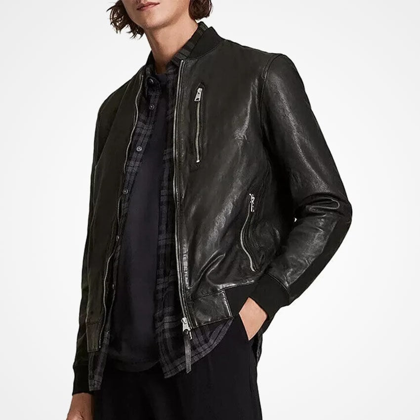 Men’s Classic Black Leather Bomber Jacket