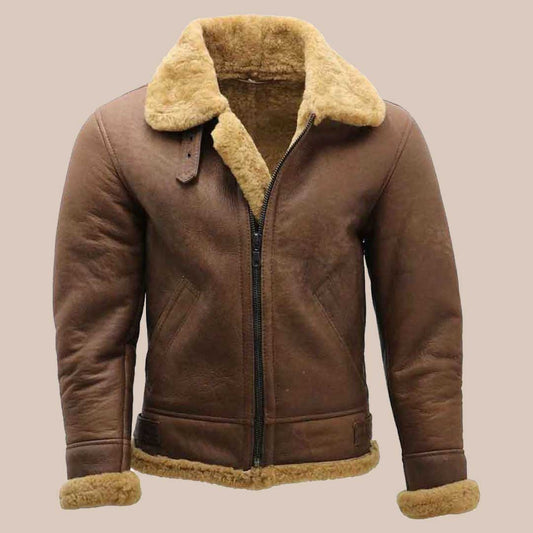 Men's B3 Sheepskin Bomber Jacket Brown Aviator Shearling Flight Jacket Winter