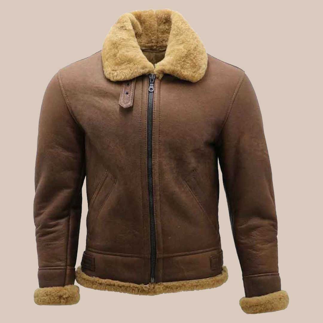 Men's B3 Sheepskin Bomber Jacket Brown Aviator Shearling Flight Jacket Winter