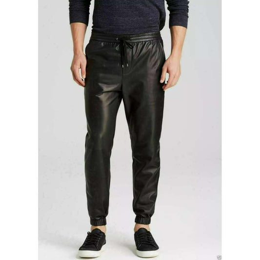 Men’s Black Lambskin Leather Jogger Pants
