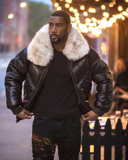 Men's black leather V-bomber jacket front view
