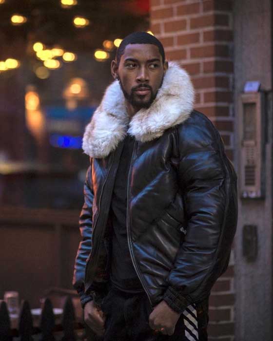 Black lambskin bomber jacket with off-white fox collar