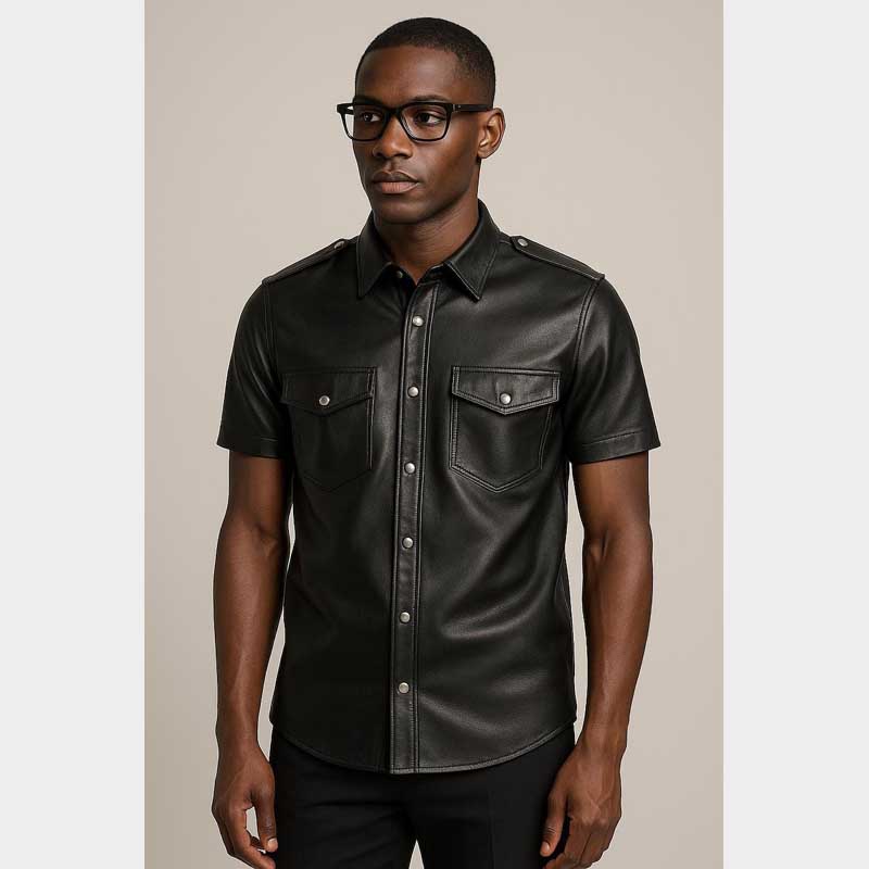 Mens Black Sheep Leather Biker Shirt Short Sleeve Western Style Front View