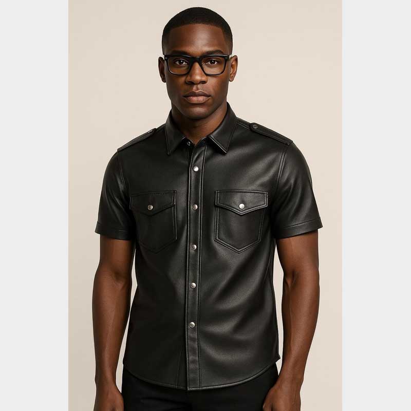 Genuine Sheep Leather Biker Shirt in Black with Silver Snap Buttons