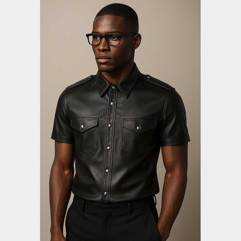 Premium Mens Western Style Short Sleeve Leather Shirt with Chest Pockets