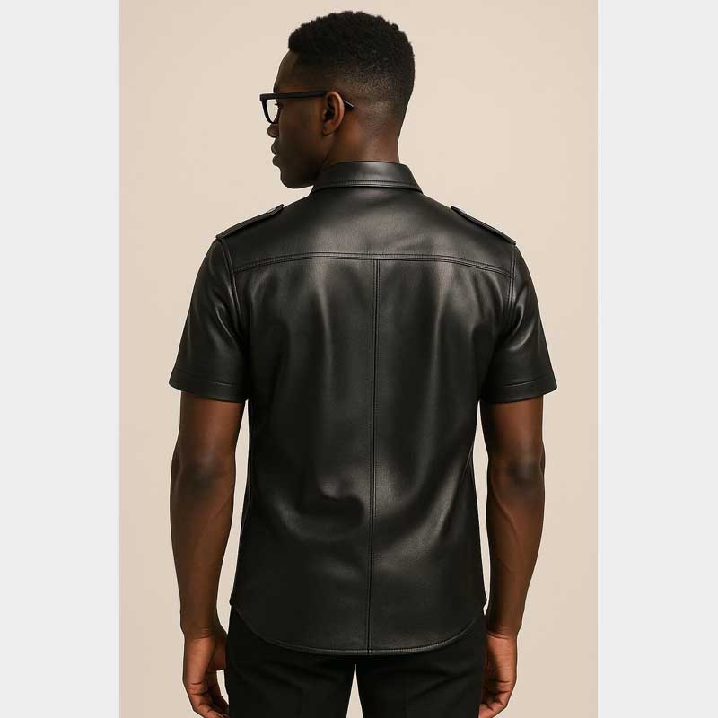 Black Leather Biker Shirt Featuring Angular Flap Pockets and Double Stitching