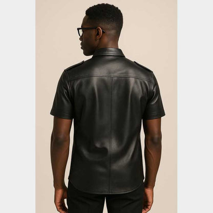 Black Leather Biker Shirt Featuring Angular Flap Pockets and Double Stitching
