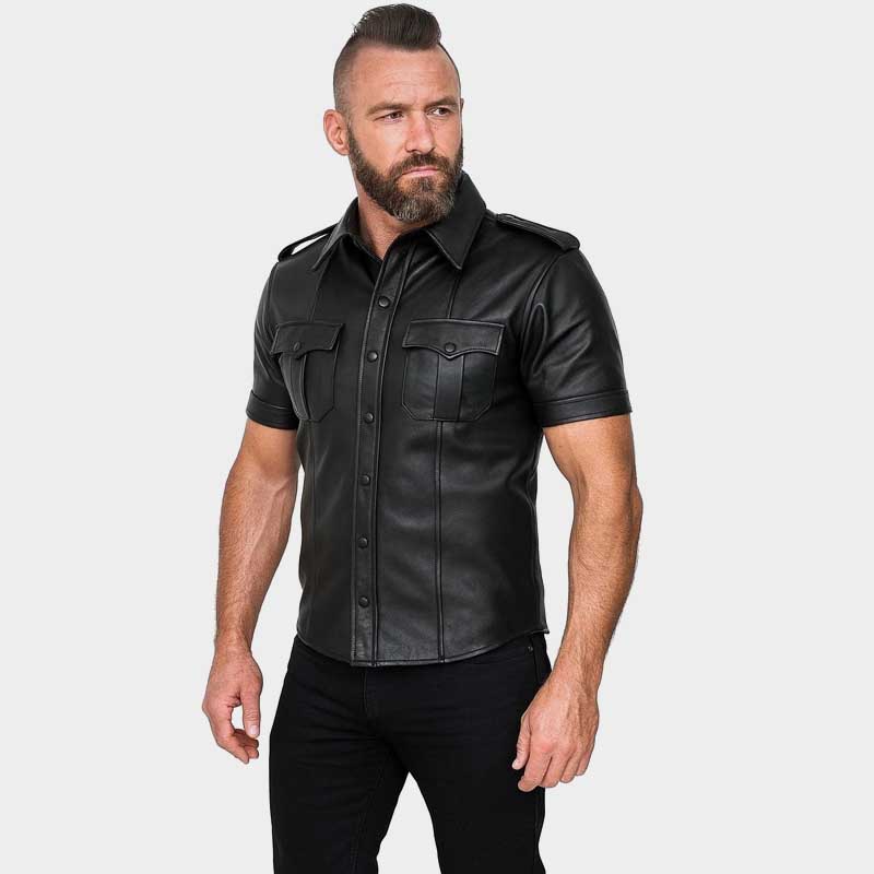 Mens Black Sheep Leather Police Shirt Short Sleeve Front View