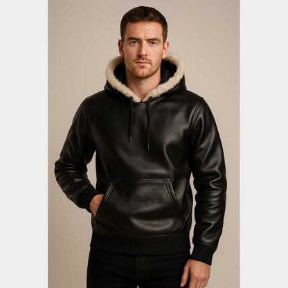 Mens Black Sheepskin Leather Hoodie Winter Pullover Front View