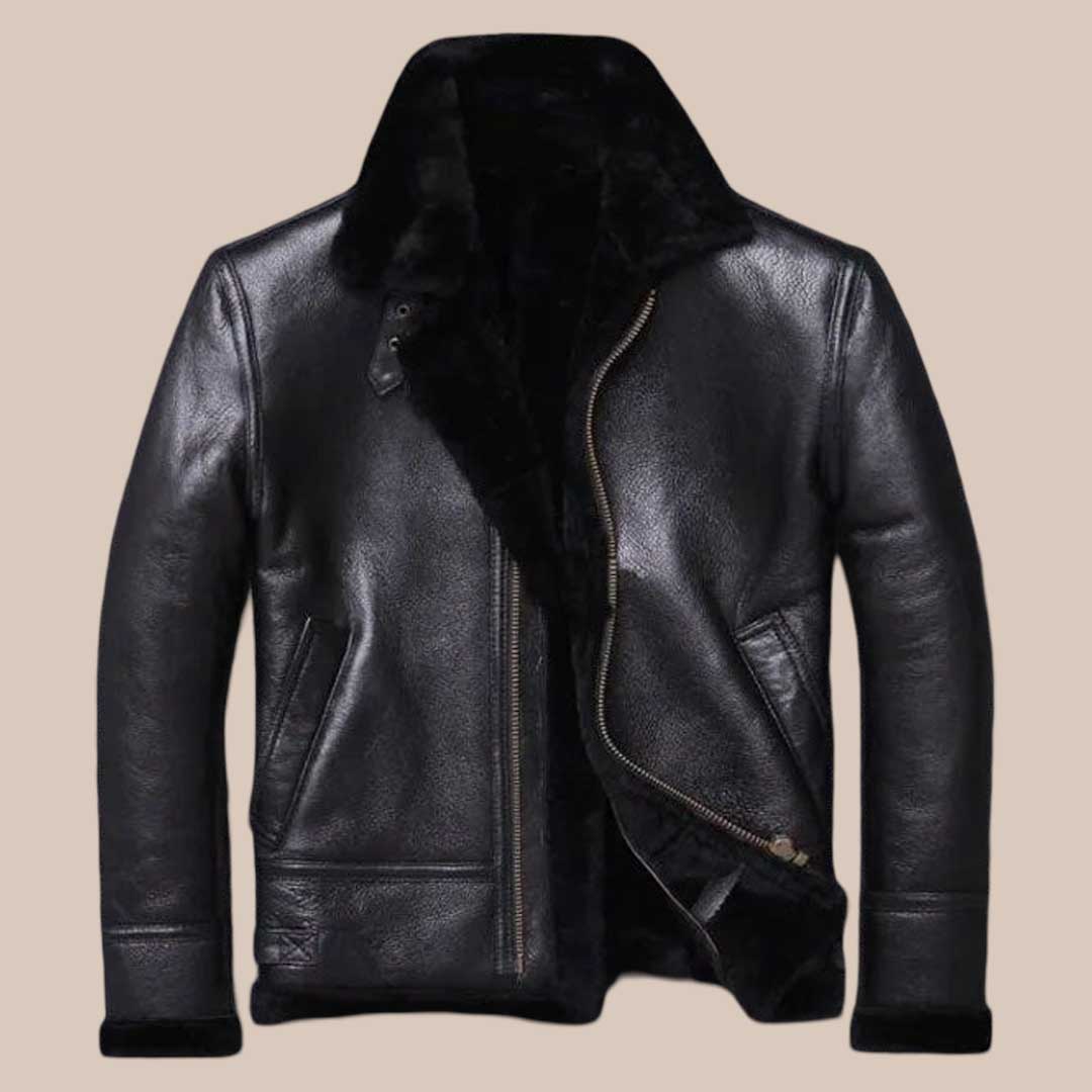Men's Black Sheepskin Shearling Fur Coat Winter Leather Jacket with Mandarin Collar