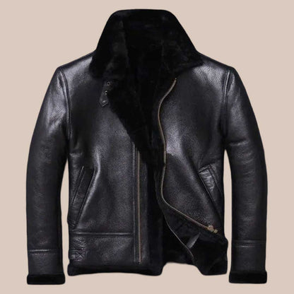 Men's Black Sheepskin Shearling Fur Coat Winter Leather Jacket with Mandarin Collar