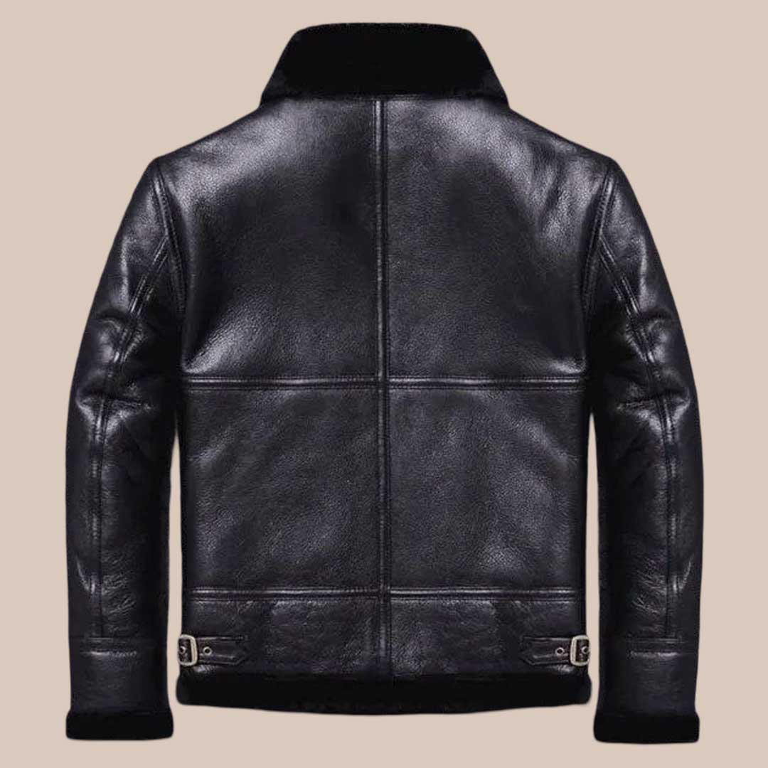 Men's Black Sheepskin Shearling Fur Coat Winter Leather Jacket with Mandarin Collar