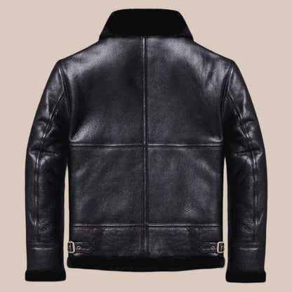 Men's Black Sheepskin Shearling Fur Coat Winter Leather Jacket with Mandarin Collar