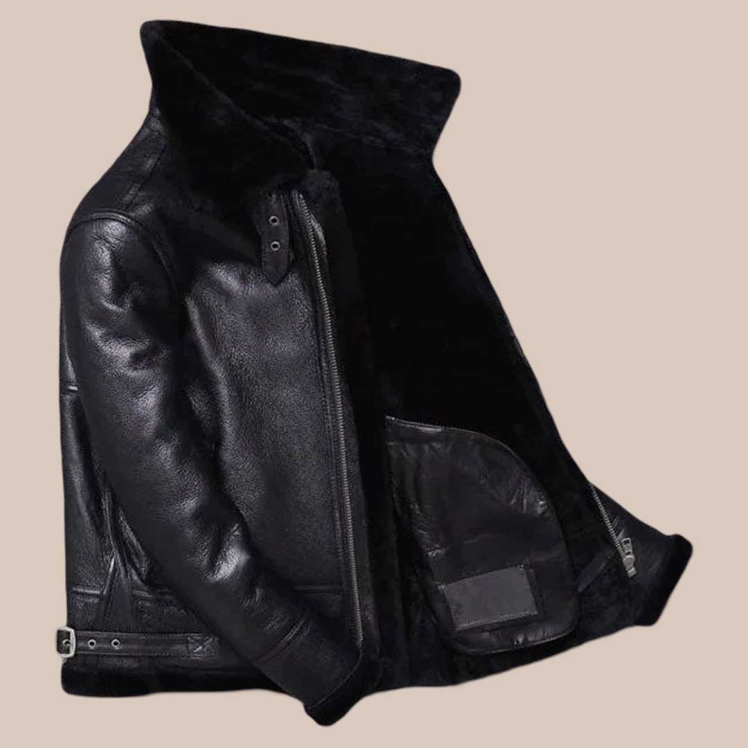 Men's Black Sheepskin Shearling Fur Coat Winter Leather Jacket with Mandarin Collar