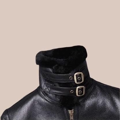 Men's Black Sheepskin Shearling Fur Coat Winter Leather Jacket with Mandarin Collar