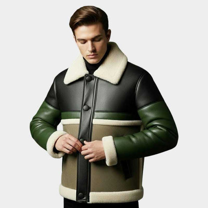 Men's Black and Green Shearling Leather Jacket Luxury Winter Coat