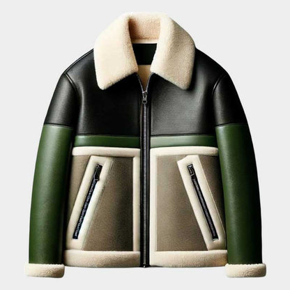 Men's Black and Green Shearling Leather Jacket Luxury Winter Coat