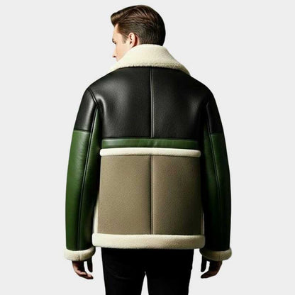 Men's Black and Green Shearling Leather Jacket Luxury Winter Coat