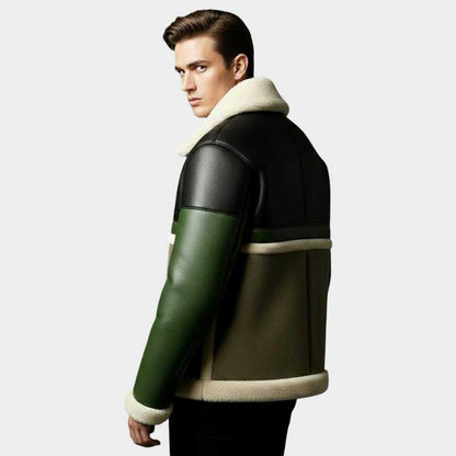 Men's Black and Green Shearling Leather Jacket Luxury Winter Coat