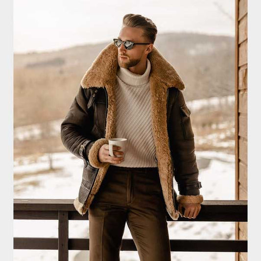 Men’s Brown B3 Shearling Aviator Leather Jacket with Fur Lining and Belt