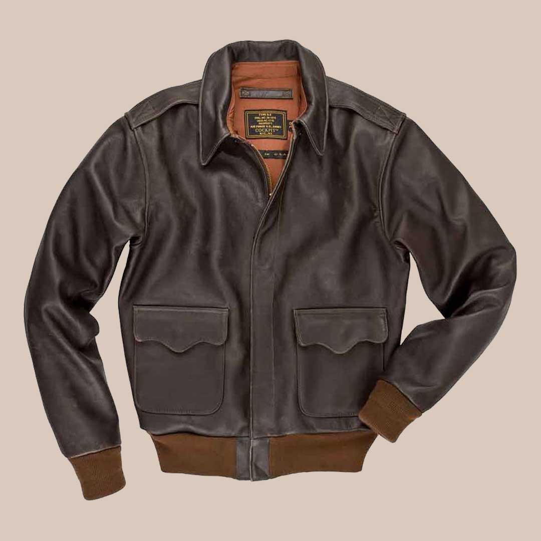 Men's Brown Leather Flight Bomber Jacket Vintage Aviator Style with Ribbed Trim
