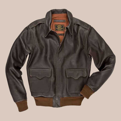 Men's Brown Leather Flight Bomber Jacket Vintage Aviator Style with Ribbed Trim