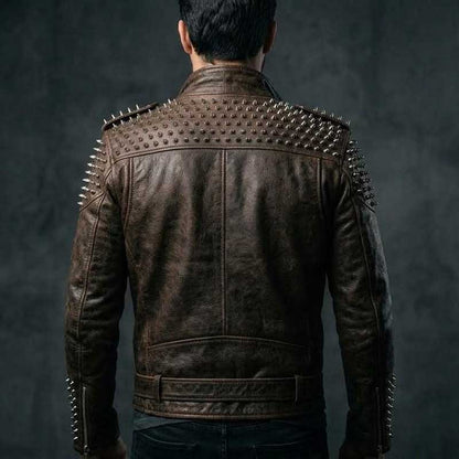 Mens Brown Studded Spiked Leather Biker Jacket back panel featuring punk rock studded design