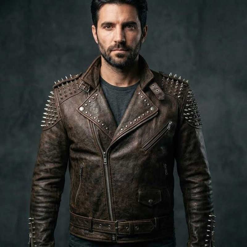 Mens Brown Studded Spiked Leather Biker Jacket front view showing metal studs and spike details