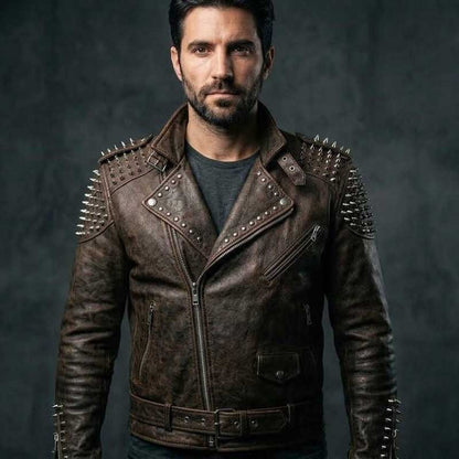 Mens Brown Studded Spiked Leather Biker Jacket front view showing metal studs and spike details