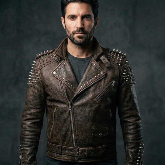 Mens Brown Studded Spiked Leather Biker Jacket front view showing metal studs and spike details