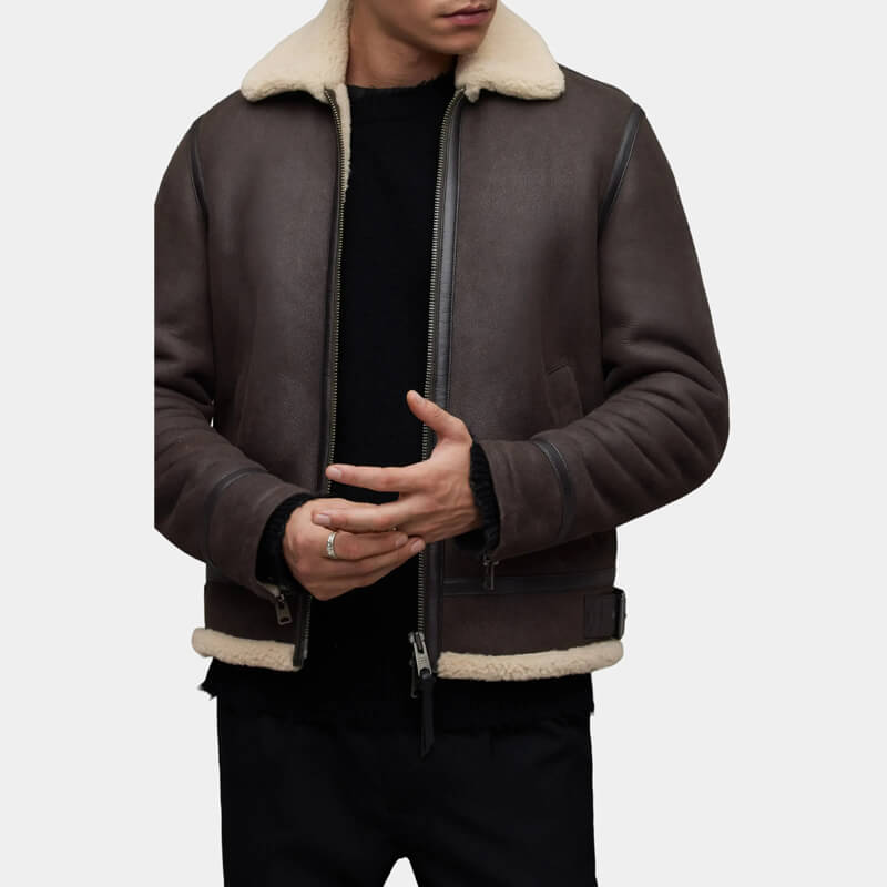 Men's leather aviator jacket in dark brown