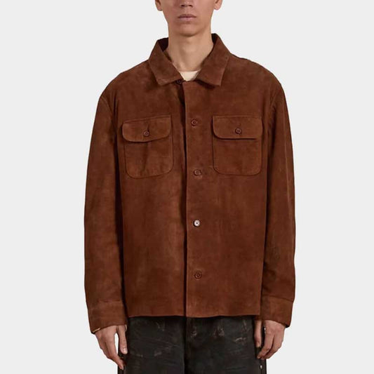 Mens Earth Tone Suede Camp Shirt Long Sleeve Leather Button Down