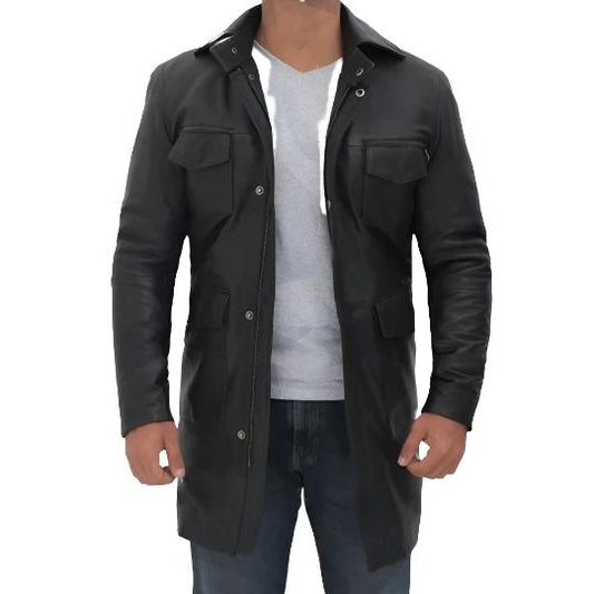 Men’s Four-Pocket Black Leather Trench Coat – Utility Style