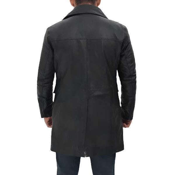 Men’s Four-Pocket Black Leather Trench Coat – Utility Style